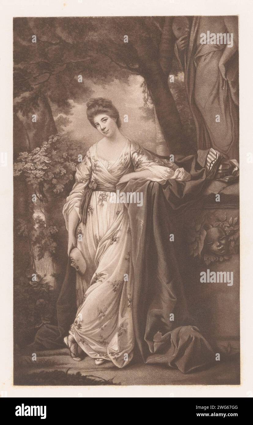 Portret van Frances Abington-Barton als Thalia, James Watson (apprendista), dopo Joshua Reynolds, 1755 - 1790 stampa Ritratto di Frances Abington Barton. Si trova accanto a una statua e ha una maschera nella mano destra. Great Britain ritratto di attore, attrice. Thalia (una delle Muse); Talia (Ripa) Foto Stock
