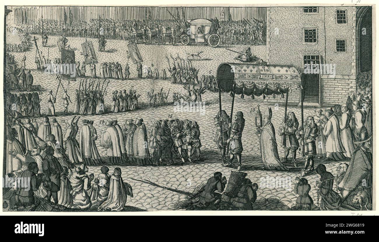 La Processione dei francesi a Utrecht, 1672, Anonimo, 1672 - 1674 stampa Una processione cattolica di Fransen tenutasi a Utrecht dopo l'assunzione nel 1672. Sullo sfondo Luigi XIV e le truppe francesi. Processione di incisione/incisione della carta dei Paesi Bassi settentrionali  religione cristiana Utrecht Foto Stock