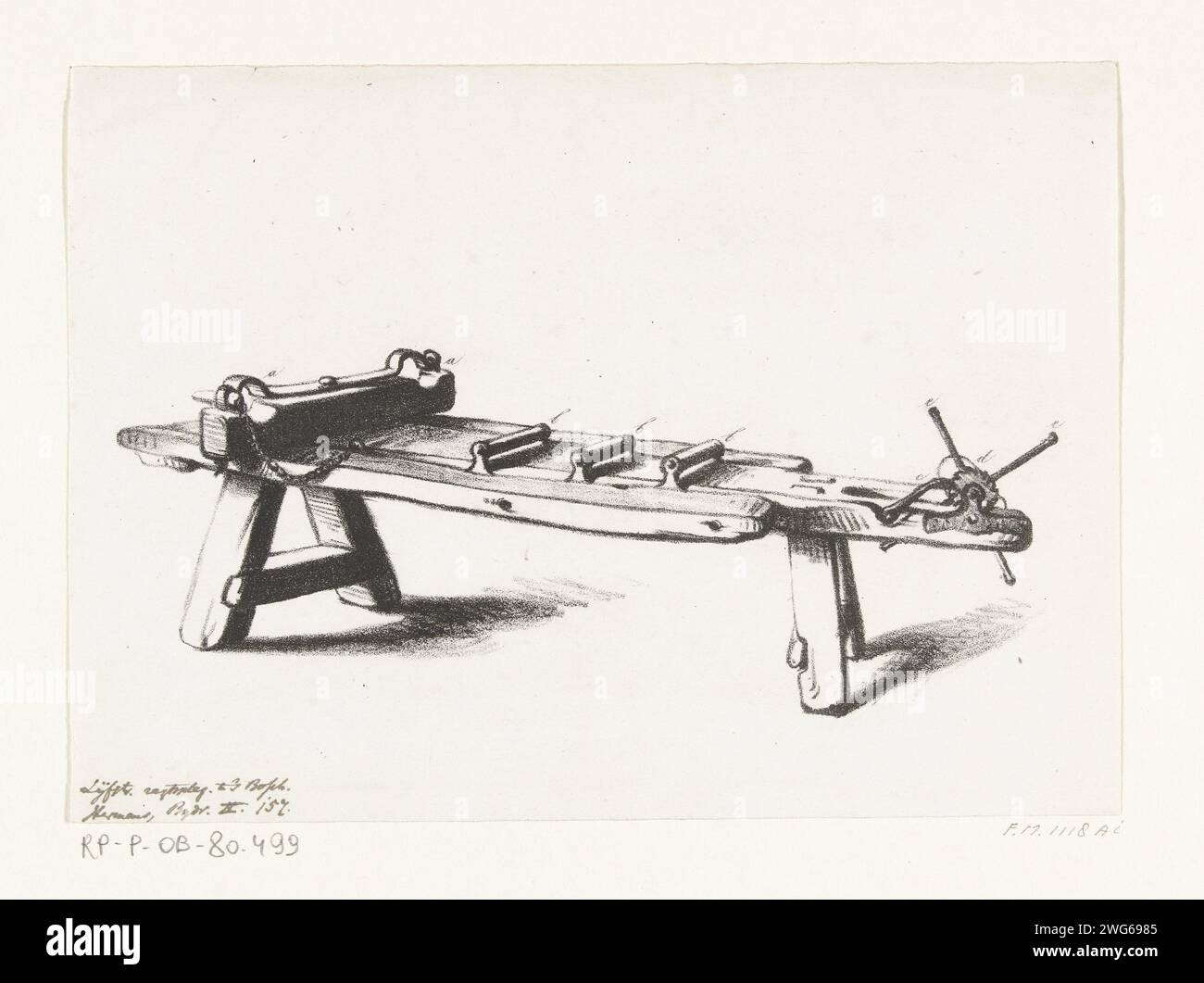 Strumenti di tortura, CA. 1600, 1843 - 1845 strumenti di tortura stampati. Un rack. Strumenti Martel in uso in 's-Hertogenbosch, CA. 1600. In fondo a un'iscrizione con la penna. Strumenti cartacei olandesi di tortura, esecuzione o punizione del Bosch Foto Stock