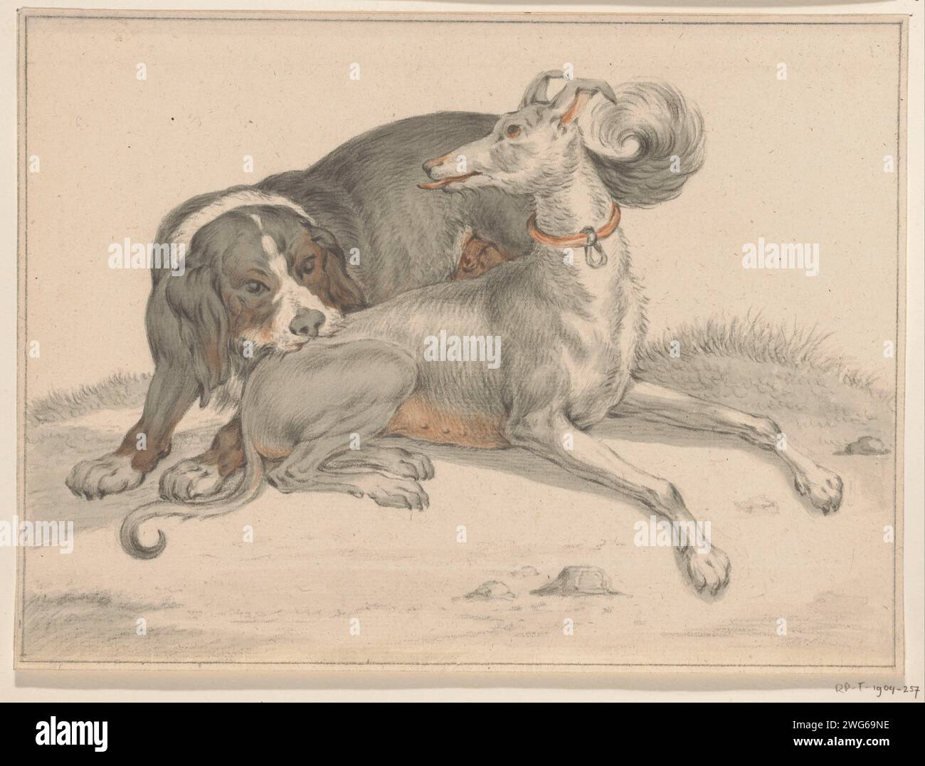 Un cane morde un altro cane seduto, Jean Bernard, 1775 - 1833 carta da disegno. cane spazzolino per gesso Foto Stock