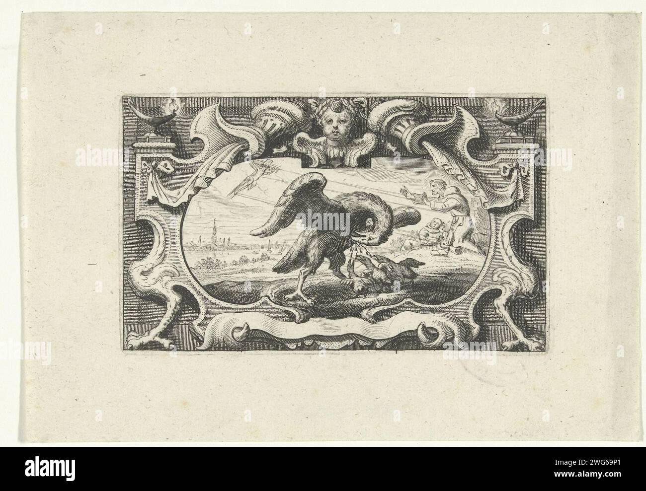 Vignetta con pellicano che nutre il suo giovane con il suo stesso sangue, Cornelis Galle (II) (attribuito a), 1638 - 1678 stampa emblema con un pellicano che raccoglie se stesso e tre giovani che bevono il sangue dell'uccello. Sullo sfondo Francis che le Stigmata ricevono. Carta di Anversa incisione simboli di Cristo  animali. Stigmatizzazione di St. Francesco d'Assisi: In ritirata sul Monte Alverna, vede una visione di Cristo sulla croce avvolto da ali (come una serafida con sei ali); raggi che passano verso il corpo del santo inginocchiato formano i segni delle cinque ferite di Cristo Foto Stock