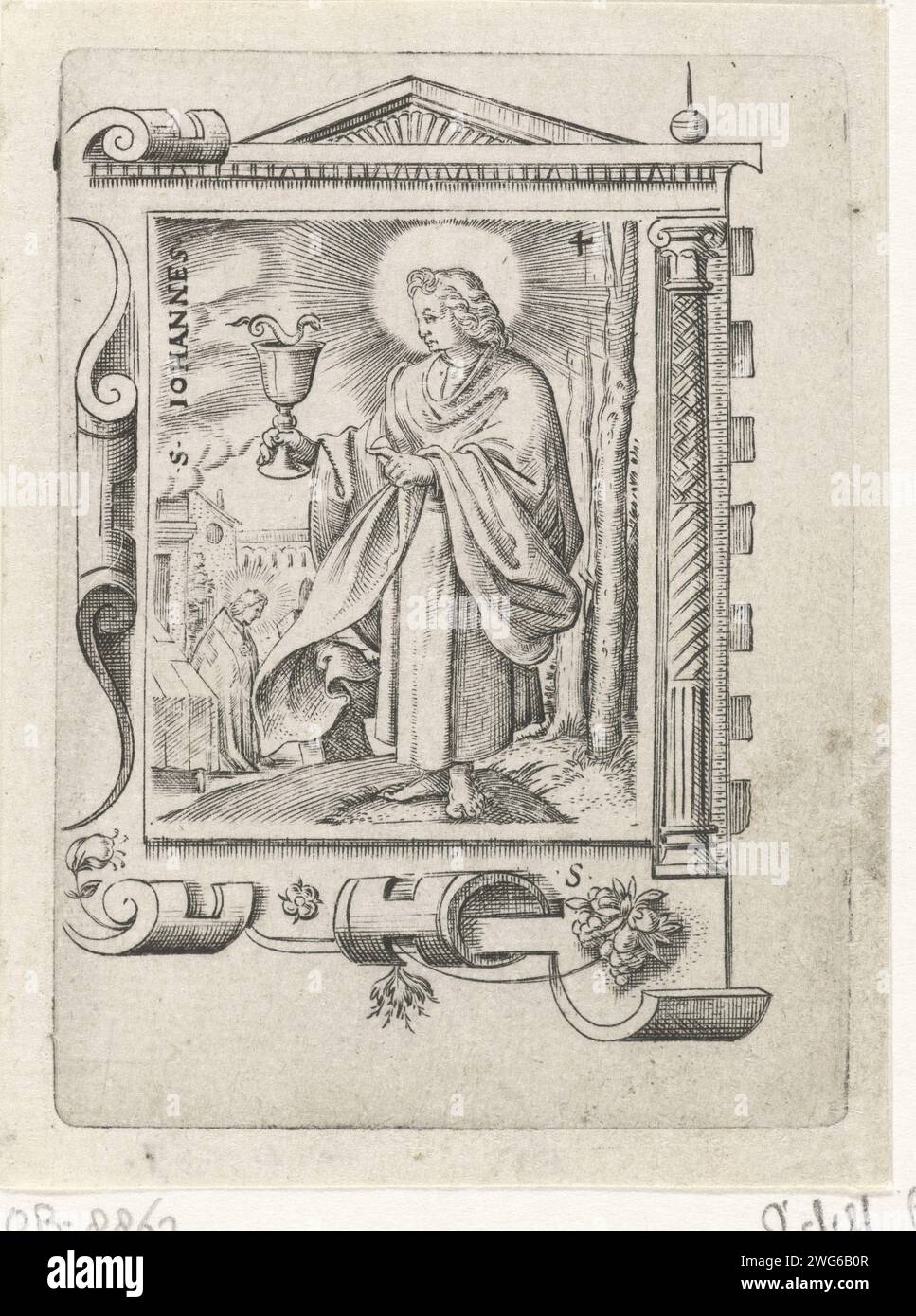 H. Johannes Virgil, 1524 - 1562 carta stampata che incide l'apostolo Giovanni Evangelista; possibili attributi: Libro, calice con serpente, aquila, palm, scorrimento Foto Stock