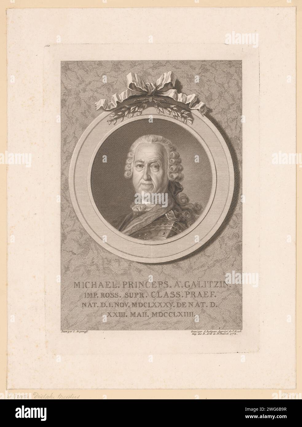 Portret Van Mikhail Michylovitsj Golitsyn, Antoine Radigues, in onore di Ivan Petrovich Argunov, 1774 persone storiche incise/incise su carta stampata. comandante in capo, ammiraglio Foto Stock