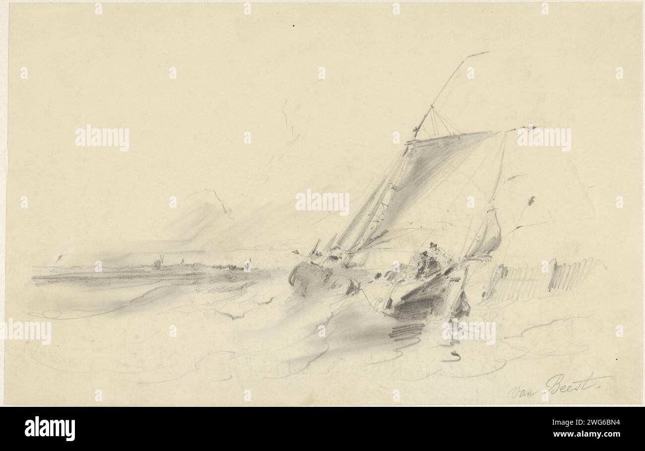 Paesaggio marino con chiatta in acque turbolente, Albertus van Beest, carta da disegno 1830 - 1860. barca a vela a matita, barca a vela Foto Stock