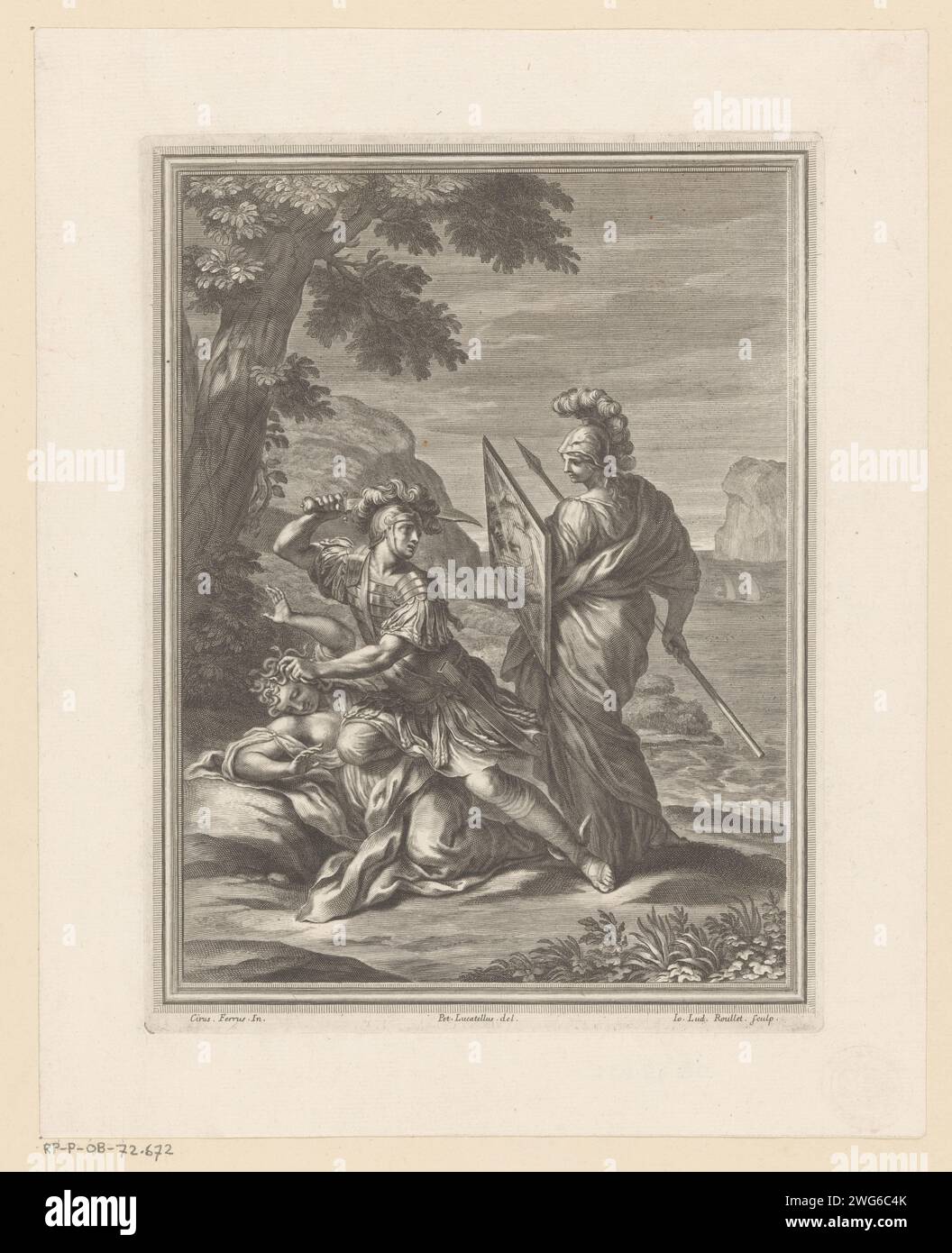 Perseus onthoofdt Medusa, Jean Louis Roullet, dopo Ciro Ferri, dopo Pietro Locatelli, 1655 - 1699 stampa carta incisione / incisione Perseo decapitazione Medusa Foto Stock