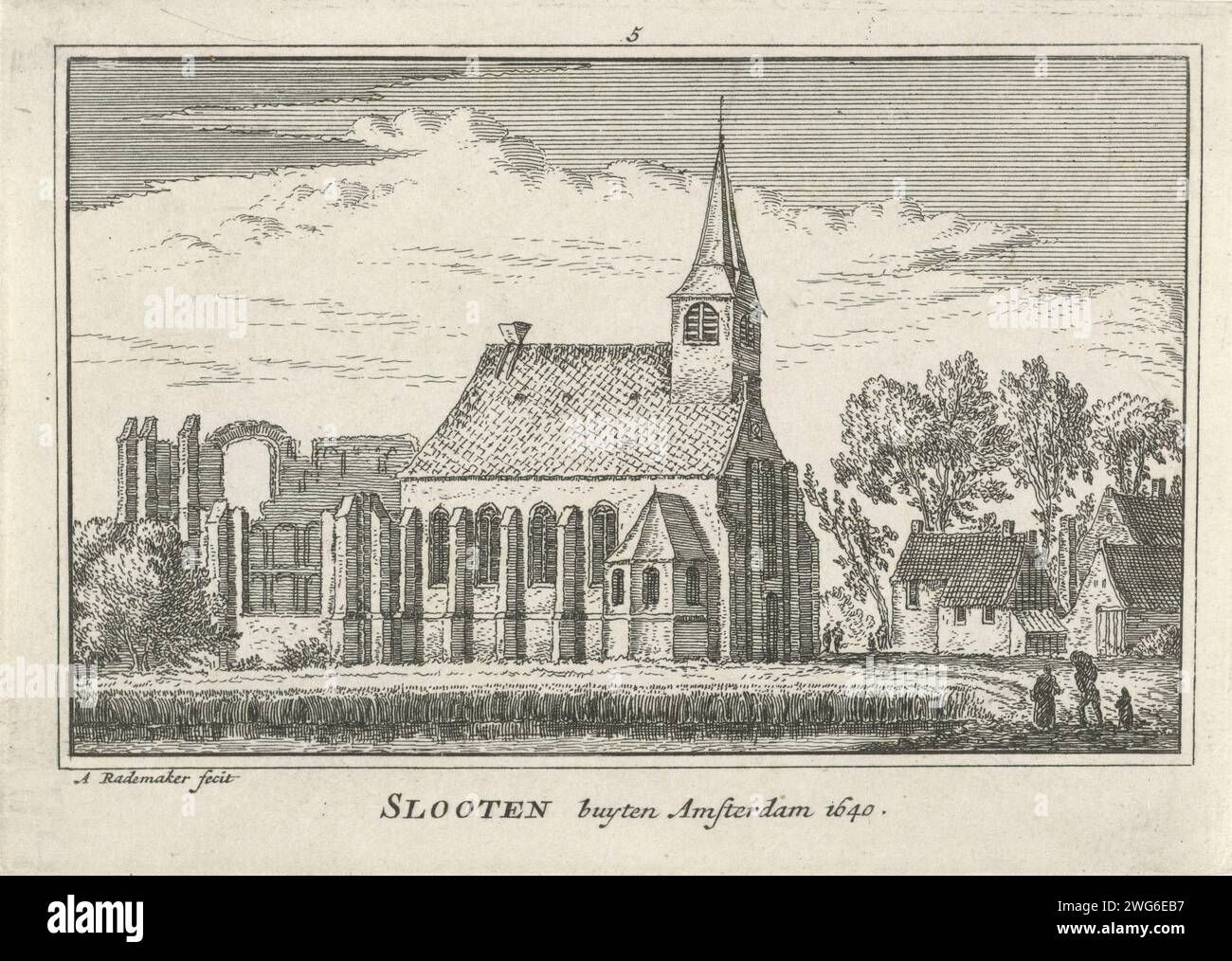 Veduta di Sloten, Abraham Rademaker, 1727 - 1733 stampa veduta della chiesa di Sloten, nella situazione di circa 1640, con il coro in rovina. Chiusure della chiesa di carta di Amsterdam (esterno) Foto Stock