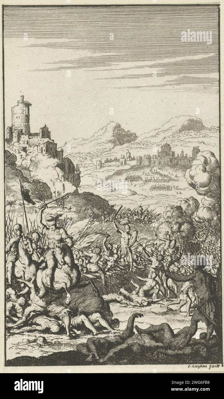 Battaglia tra gli eserciti di PoliRenchus e Ambiodorix, Jan Luyken, 1681 stampa Amsterdam paper etching Battle (+ forze terrestri) Foto Stock