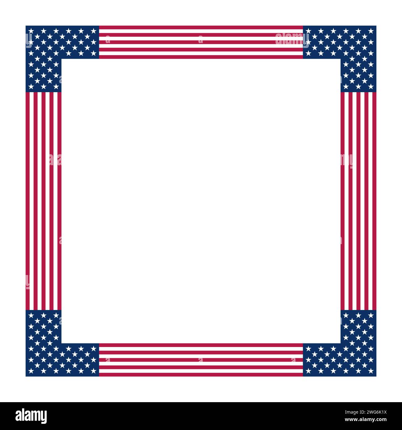 Motivo bandiera americana, cornice quadrata. Confine fatto con stelle e strisce, basato sulla bandiera nazionale degli Stati Uniti. Foto Stock