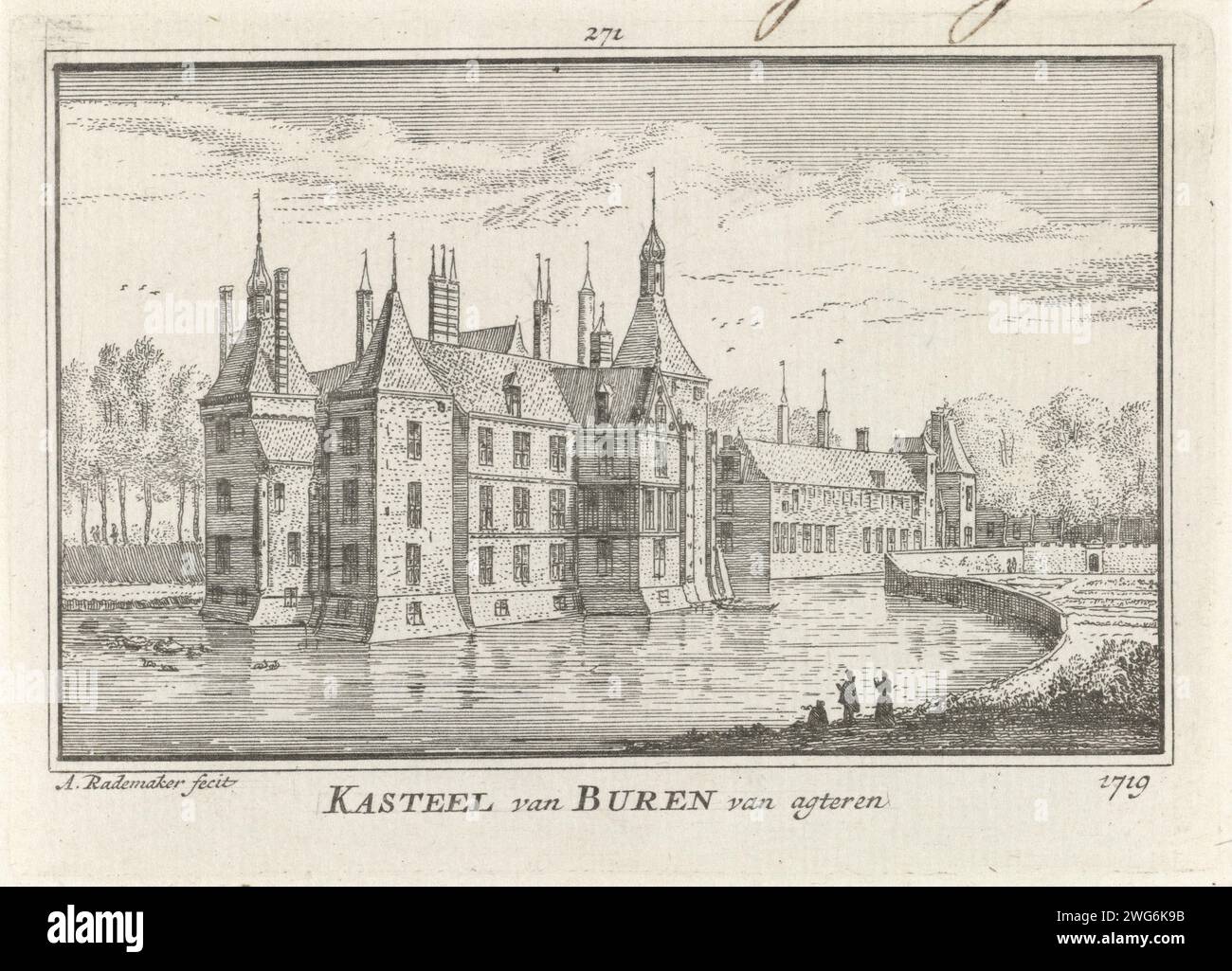 Retro di Kasteel Buren, Abraham Rademaker, 1727 - 1733 stampa Vista sul retro di Kasteel Buren e il Gracht, nella situazione intorno al 1719. Amsterdam paper etching Buren Castle Foto Stock