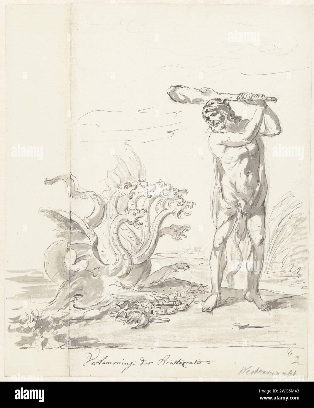 Distruzione dell'aristocrazia, decorazione sul Westermarkt, 1795, Johannes van Dregt (attribuzione respinta), 1795 disegno Ercole (il popolo olandese) batte i sette membri Hydra (aristocrazia e governo di famiglia). Disegno non utilizzato per la distruzione dell'aristocrazia, decorazione allegorica stabilita sul Westermarkt ad Amsterdam all'Alliantiegeest il 19 giugno 1795. Carta dei Paesi Bassi. inchiostro. Gesso penna / pennello (2) l'Idra di Lerna viene uccisa da Ercole. il vecchio governo e i suoi sostenitori (dopo la rivoluzione). nobiltà e patriciato; cavalleria, cavalierato. altre strutture decorative Foto Stock