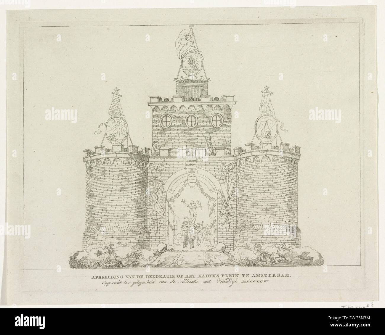General Reinforcement, Decoration on Kadijksplein, 1795, Anonimo, dopo Jan Bulthuis, 1795 stampare il rinforzo generale, decorazione allegorica stabilita sul Kadijksplein ad Amsterdam al festival Alliantie il 19 giugno 1795. Il castello medievale che si erge sulle rocce, sulle torri simboli di astronomia, idrografia e geometria, sul chassinet nel sottopassaggio è la libertà dei marinai batavi e francesi su uno scudo. Parte di una serie di dieci record. Festeggiamenti di incisione della carta olandese su eventi di importanza nazionale (+ decorazione festiva  attività festive). Libertà, libertà; 'LibertÃ Foto Stock