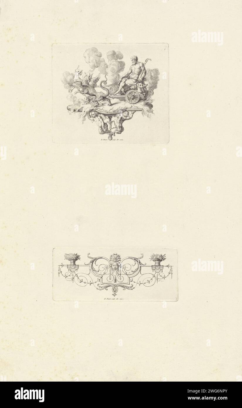 Pluto en Cerberus / Ornament met masacaron, Bernard Picart (laboratorio di), 1727 stampa due esibizioni su una foglia. Al piano superiore: Il dio degli inferi Plutone con il cane a tre teste Ceberus su un'auto, trainato da animali ibridi. Sotto: Ornamento con mascaron femminile. Ornamenti per incisione/incisione su carta di Amsterdam  arte (storia di) Plutone (Ade), Dis Pater, Orcus. Cerberus, il cane a tre o molti teste; "Cerbero" (Ripa) Foto Stock
