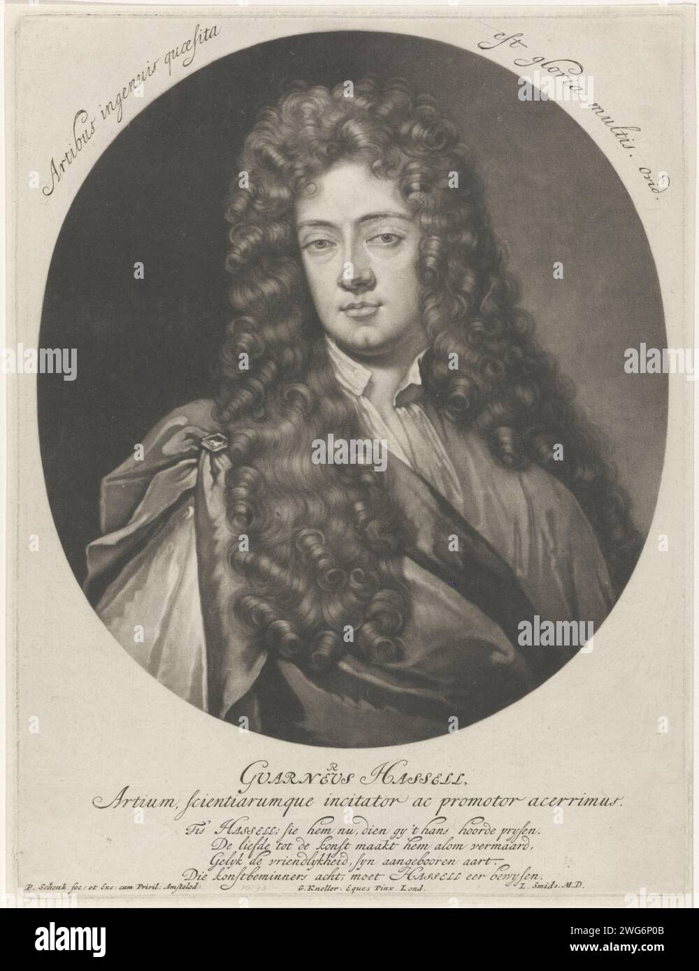 Ritratto dell'amante dell'arte Guarnerus Hassel, Pieter Schenk (i), dopo Gottfried Kneller, 1670 - 1713 stampa Amsterdam carta incisione parrucca Foto Stock