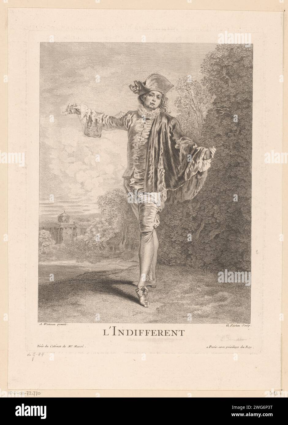Theater-List in Plitkchap, Girard Jean Baptiste Scotin (II), dopo Avertau, Wipe, 1729 stampa France paper etching / incisione 'art commedy'. Uomo che balla da solo Foto Stock