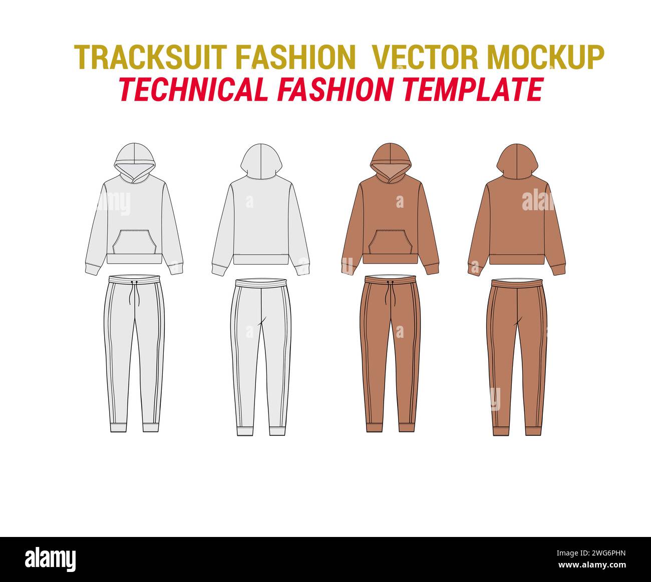 Tuta disegno tecnico illustrazione Tracksuit Moda Flat Vector Mockup Template Felpa con cappuccio Joggers illustrazione Moda Felpe con pantaloni Sweatpants Illustrazione Vettoriale