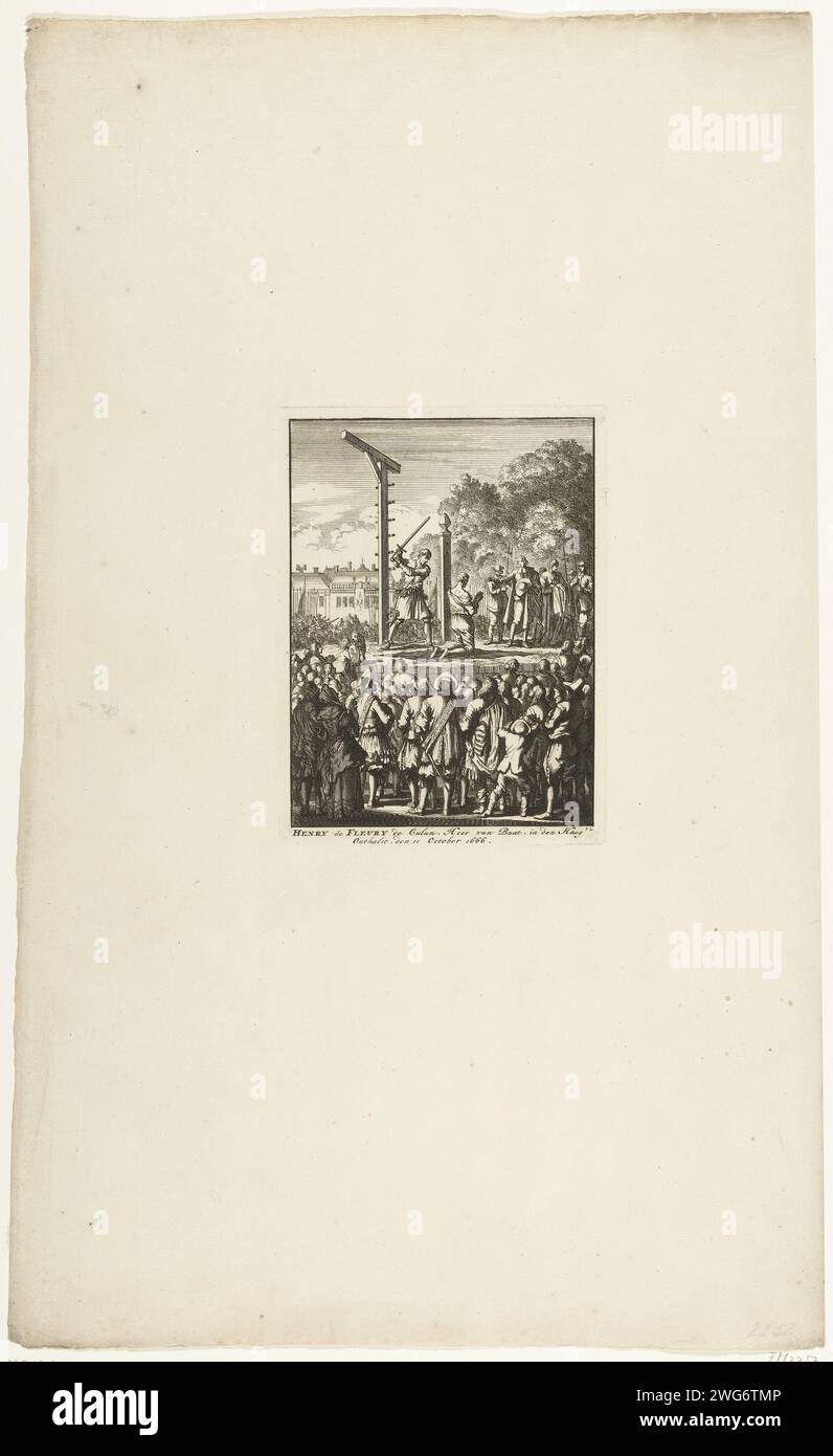 Decapitazione di Henri de Fleury de Coulan Buat a l'Aia, 1666, 1698 ca. Decapitazione di Henri de Fleury de Coulan Buat a causa di tradimento a l'Aia, 11 ottobre 1666. La persona condannata si inginocchia bendata su un'elevazione circondata da spettatori. Carta di Amsterdam incidere morte violenta per decapitazione. Sul ponteggio o sul luogo di esecuzione l'Aia Foto Stock