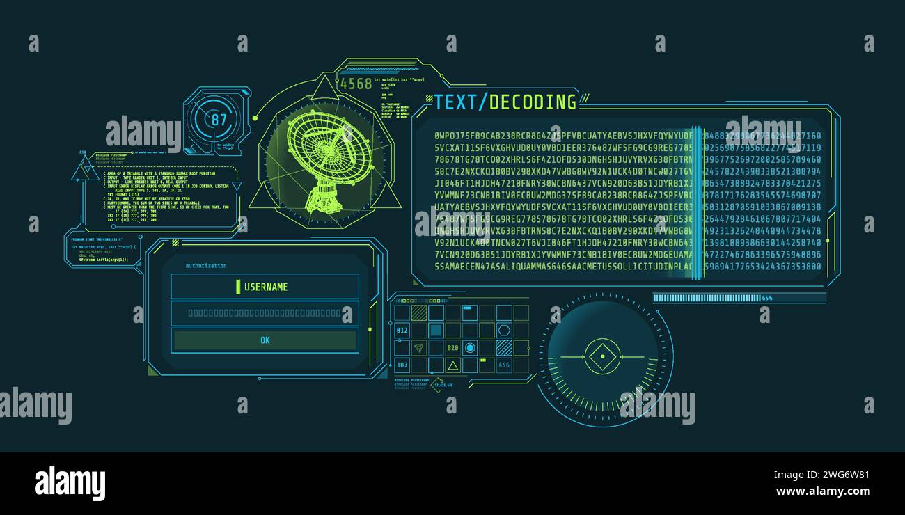 Interfaccia del programma di decodifica dati radiotelescopio con finestra di autorizzazione. Illustrazione vettoriale. Illustrazione Vettoriale