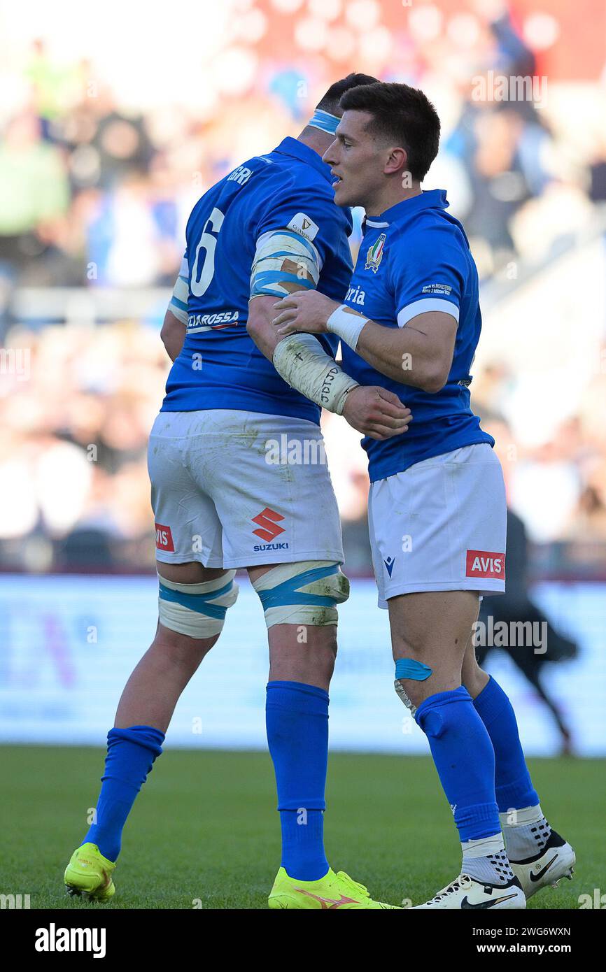 Roma, Italia. 3 febbraio 2024; Stadio Olimpico, Roma, Italia: Six Nations International Rugby, Italia contro Inghilterra; Tommaso ALLAN d'Italia festeggia la meta credito: Action Plus Sports Images/Alamy Live News Foto Stock