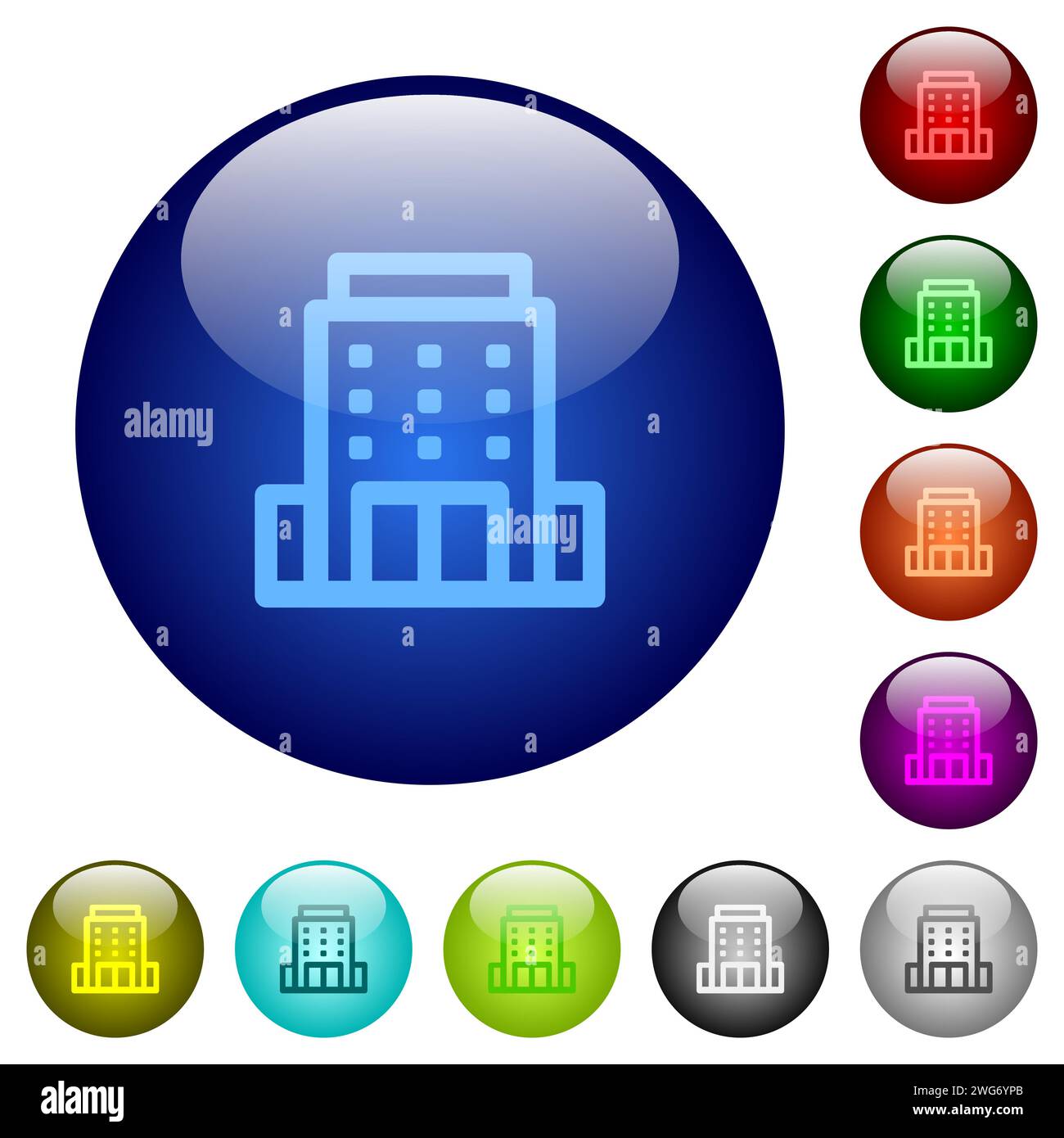 Icone del profilo degli edifici per uffici su pulsanti in vetro rotondi in più colori. Struttura dei livelli organizzata Illustrazione Vettoriale