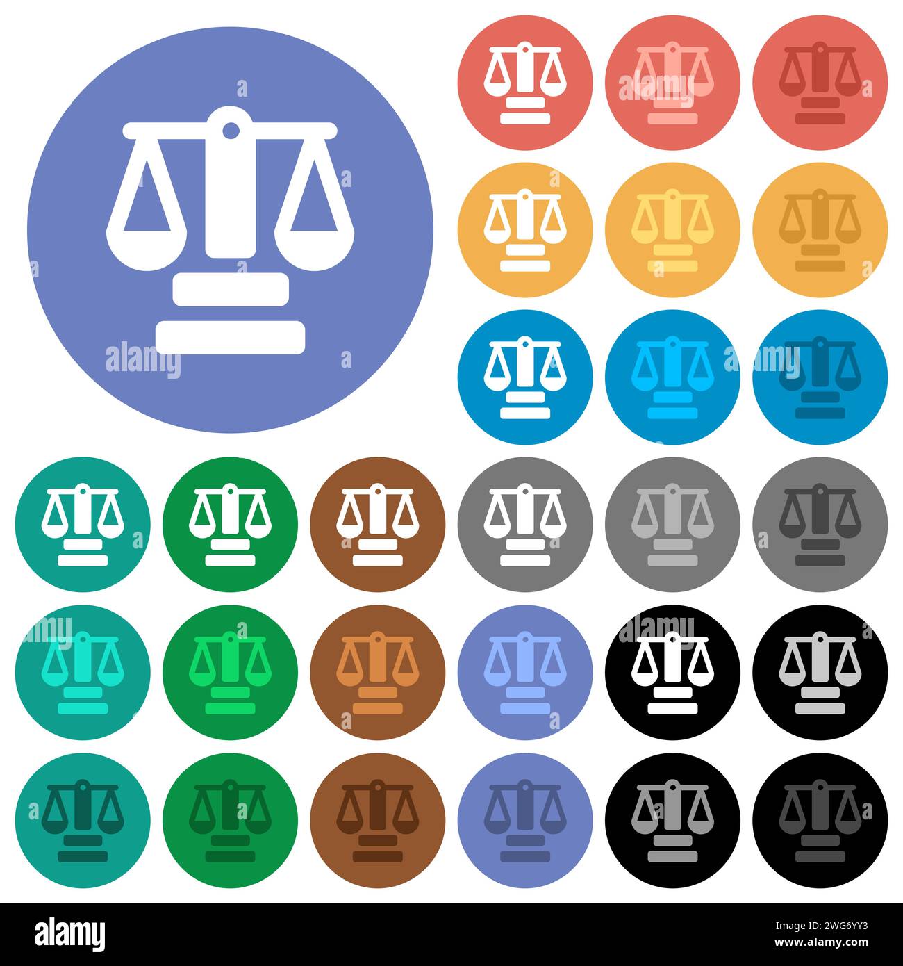 Icone piatte multicolore in scala di giustizia su sfondi rotondi. Sono incluse variazioni di icone bianche, chiare e scure per il passaggio del mouse e gli effetti di stato attivi, Illustrazione Vettoriale