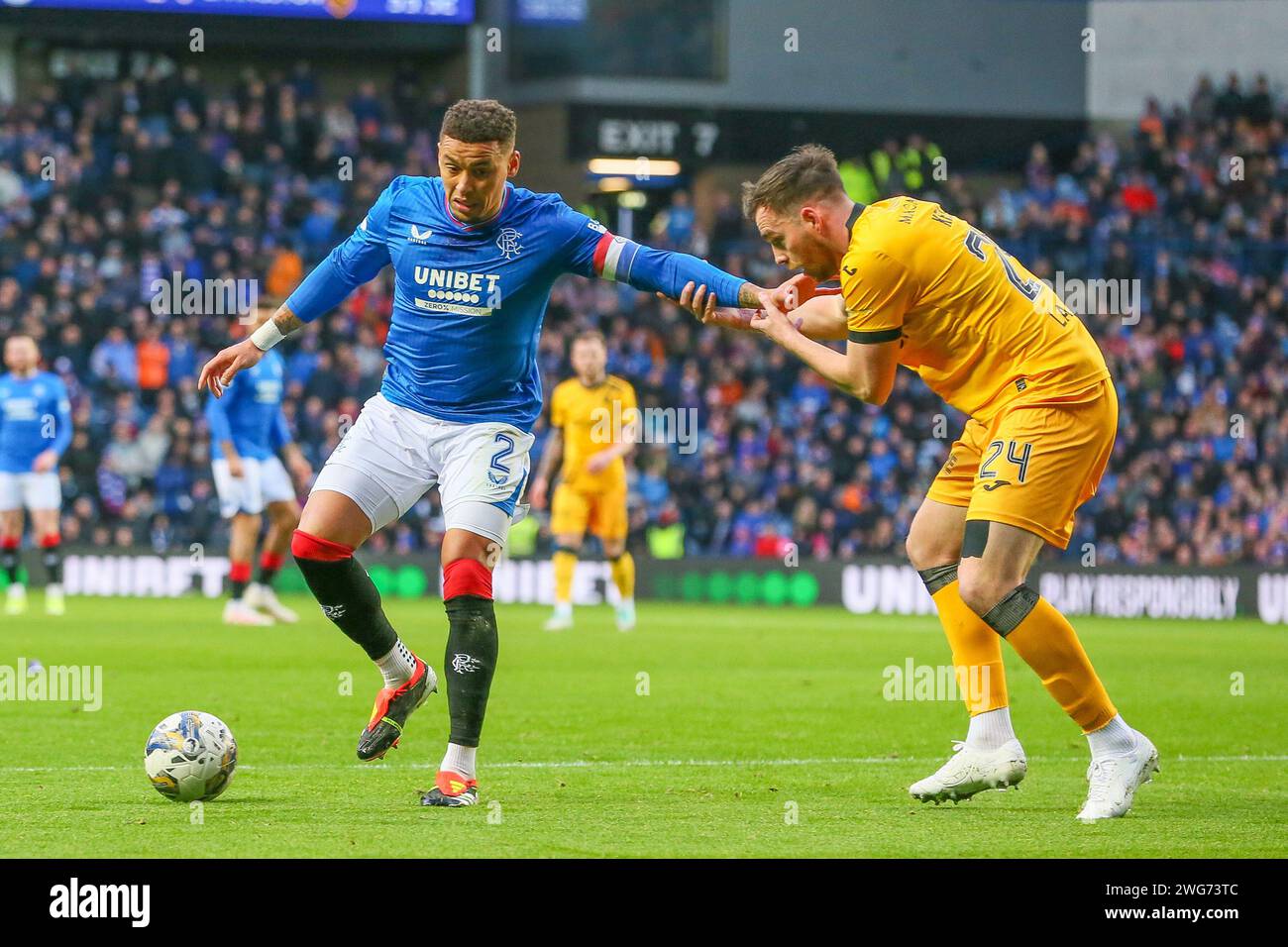 Glasgow, Regno Unito. 3 febbraio 2024. I Rangers FC giocano con il Livingston FC all'Ibrox Stadium, la casa dei Rangers, in una partita della Cinch Scottish Premiership. I Rangers sono al secondo posto in campionato, 5 punti dietro il Celtic e il Livingston FC sono al secondo posto con soli 13 punti. Crediti: Findlay/Alamy Live News Foto Stock