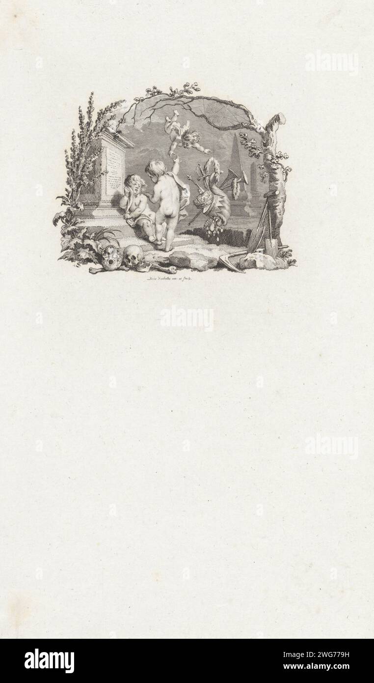 Vignetta con tre putti in una tomba catturata in una cornice con simboli di transienza, Reinier Vinkeles (i), 1751 - 1816 stampa Amsterdam cartaceo incidere Cupidi: 'Amores', 'Amoretti', 'Putti'. Scene che simboleggiano "Vanitas" Foto Stock