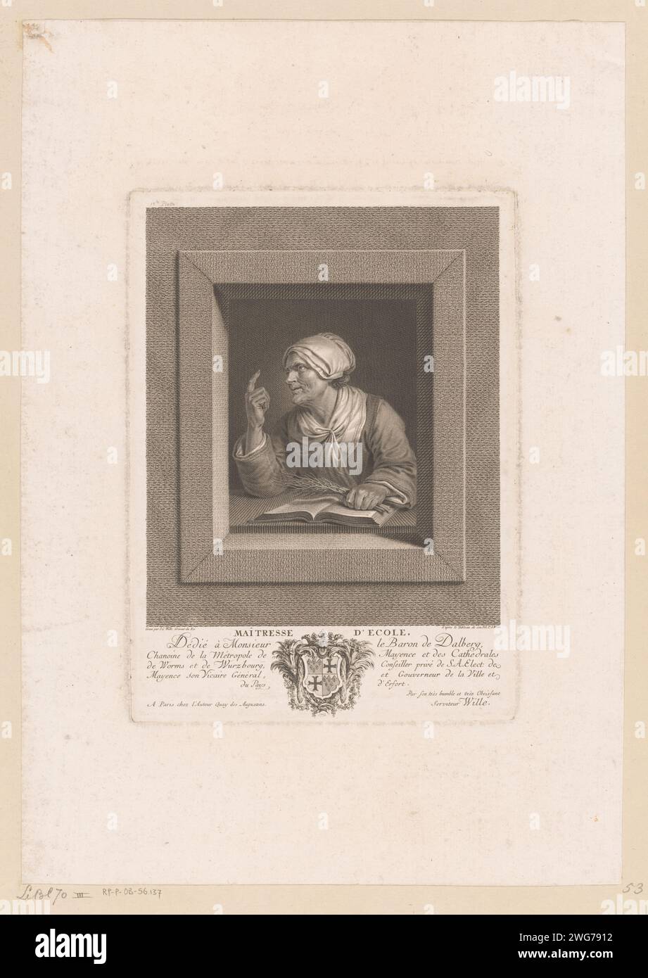 Donna anziana con asta e un libro aperto, Johann Georg Wille, dopo Pierre Alexandre Wille, 1772 stampa Parigi carta incisione / incisione donna anziana. asta, betulla  punizione a scuola. indice in avanti, puntato, indicante Foto Stock