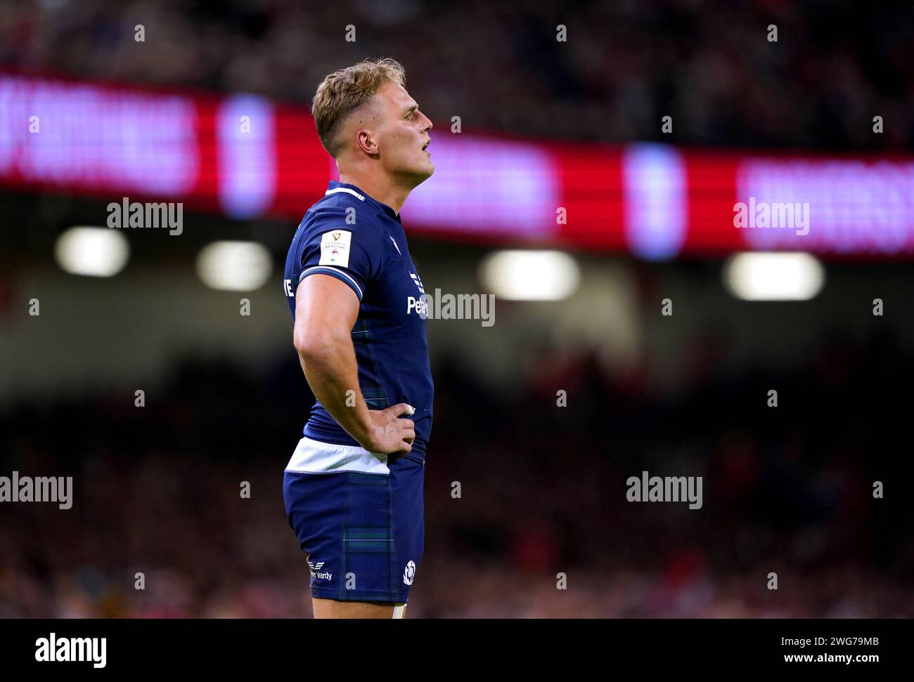 Duhan van der Merwe scozzese durante la partita del Guinness sei Nazioni al Principality Stadium di Cardiff. Data immagine: Sabato 3 febbraio 2024. Foto Stock