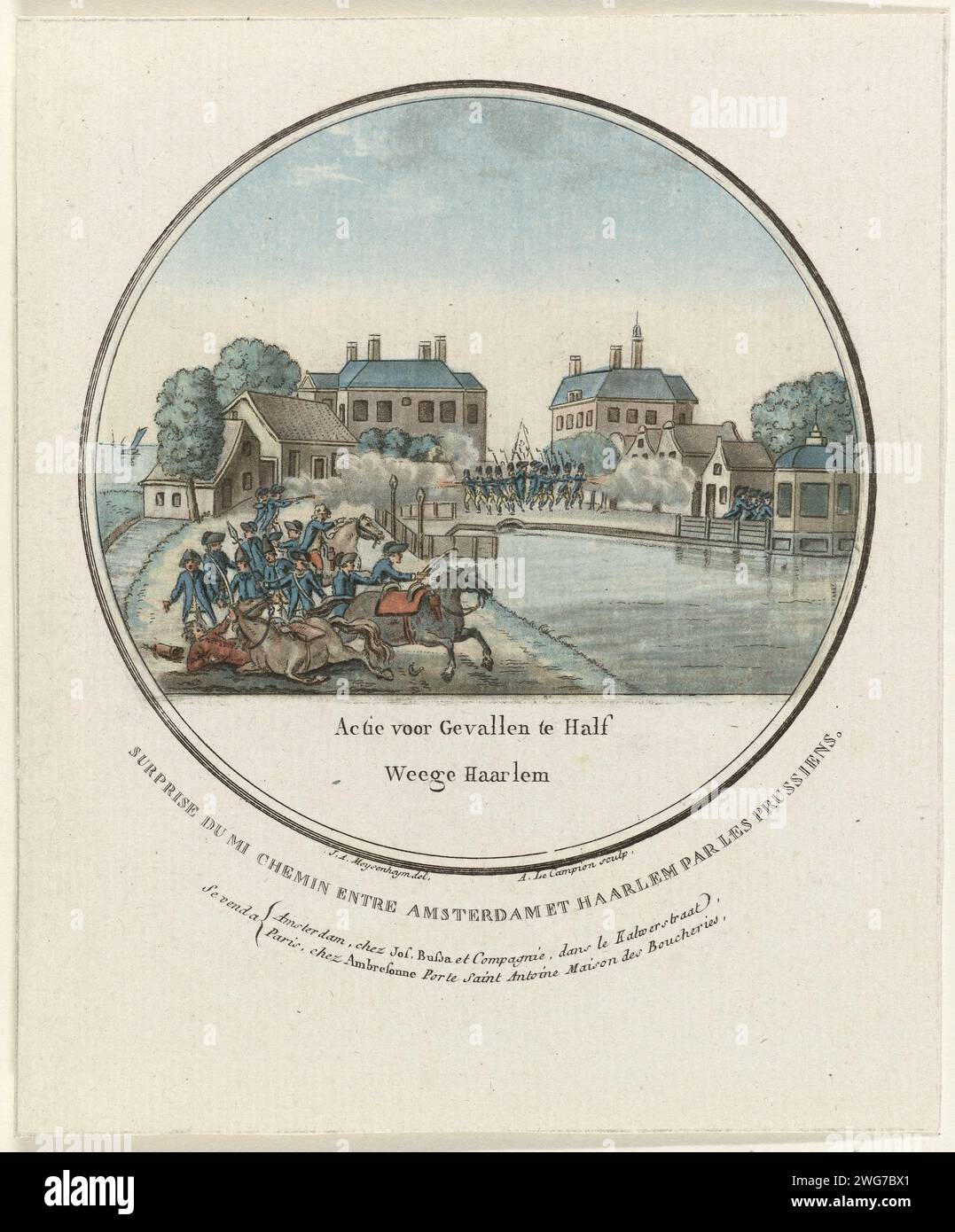 Attacco a Halfweg, 1787, Joseph-Alexandre le Campion, dopo G.A. Meysenheym, 1787 - 1790 stampa attacco a Halfweg da parte delle truppe prussiane, 1 ottobre 1787. Parte di una serie di quattro esibizioni francesi degli attacchi prussiani intorno e vicino ad Amsterdam, in medaglioni rotondi. Tipografia: Francepublisher: Amsterdampublisher: Paris paper etching (Military) attack Halfway Foto Stock