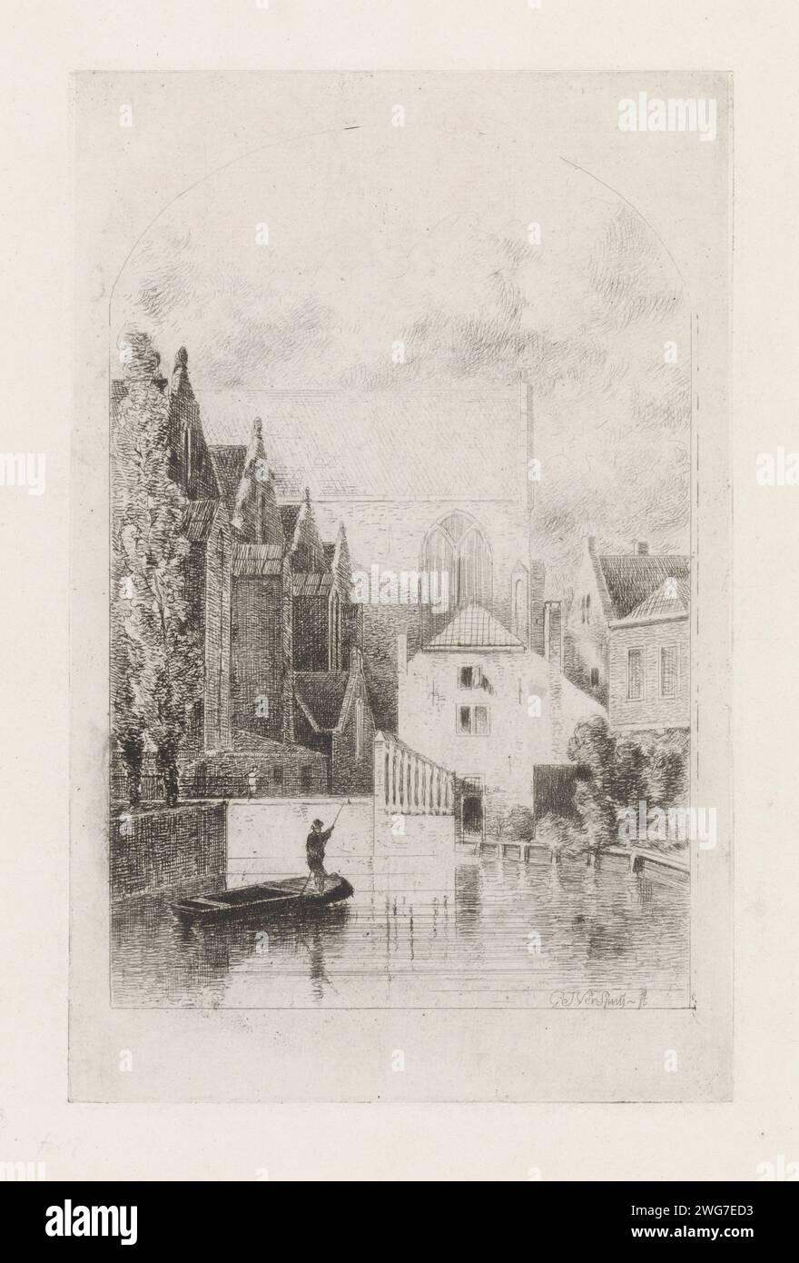 Uomo su una chiatta in un canale tra Huizen, Gijsbertus Johannes Verspuy, 1858 stampa un uomo alberi una chiatta con un albero di vela in un canale tra case. Un edificio di chiesa nel mezzo. Carta dei Paesi Bassi. incisione di pali, punzonatura. canali, acque (in villaggio) Foto Stock