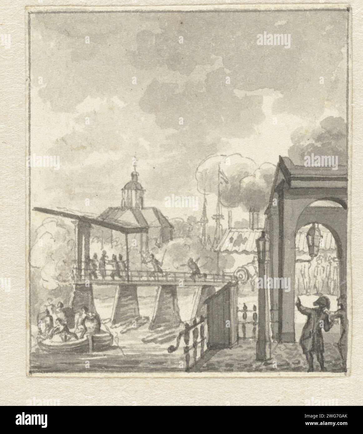 Nell'anno 1787, Anonimo, c. 1789 - c. 1810 attentato a Ouderkerk aan de Amstel da parte delle truppe prussiane, 1 ottobre 1787. Carta dei Paesi Bassi. Penna a inchiostro/pennello (militare) attacco Ouderkerk aan de Amstel Foto Stock