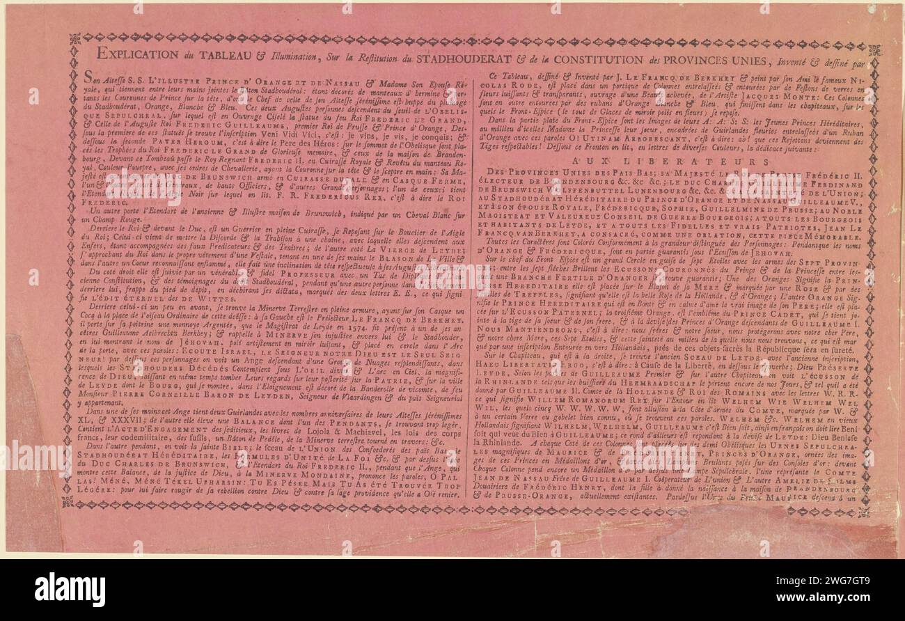 Spiegazione all'allegoria in onore del re di Prussia per la sua restaurazione dello stadholder di Willem V, 1788 (parte 1), Johannes le Francq van Berkhey, 1789 foglio di testo prima parte di un foglio di testo con una dichiarazione dell'allegoria in onore del re di Prussia per la sua restaurazione dello stadholder di Willem V, 1788. Testo in due colonne in francese. carta stampa letterpress Foto Stock
