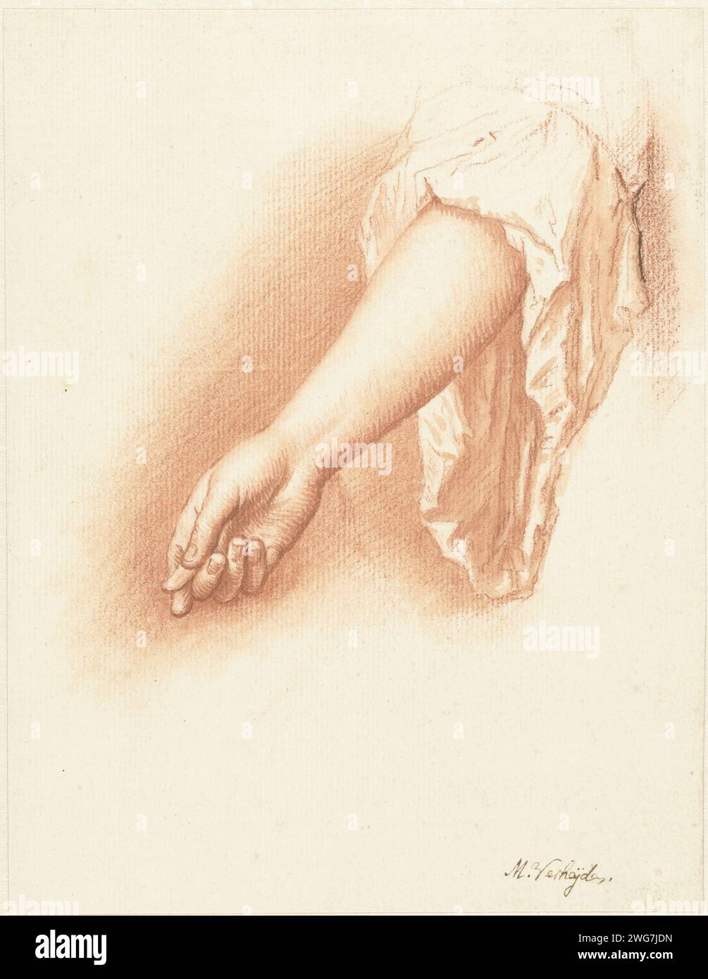 Studio di un braccio destro, Mattheus Verheyden, 1710 - 1777 carta da disegno. braccio inferiore con gesso Foto Stock