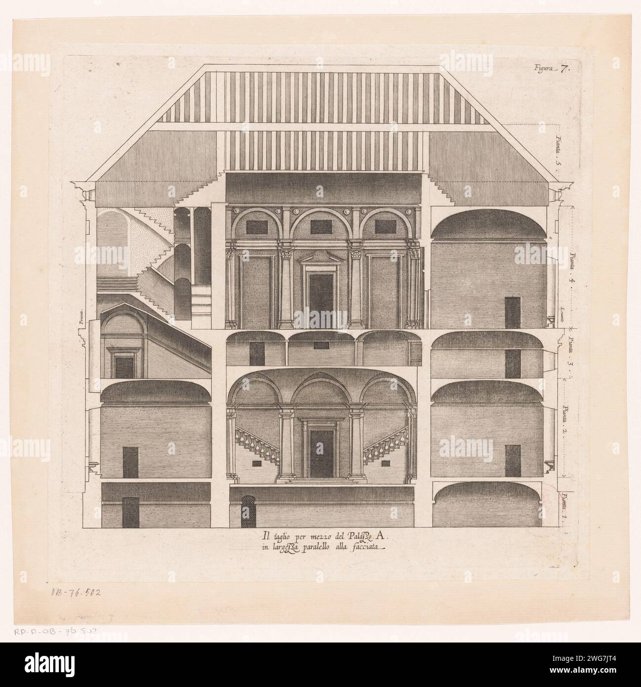 Sezione trasversale di Palazzo Carrega-Cataldi a Genova, Nicolaes Ryckmans, 1622 stampa con spiegazione italiana. Sezione di incisione in carta Anversa  disegno architettonico o modello. Hôtel, cioè piccolo palazzo in città - AA - architettura civica: All'interno del palazzo Carga-cotaldi Foto Stock