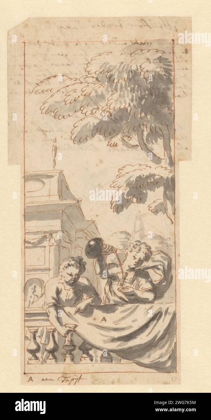 Due figure in una balaustra, Jan de Lairesse (attribuito a), 1683 - 1753 disegno disegno per un tappeto da parete. carta. pennarello/pennello. beviamo. balaustra Foto Stock