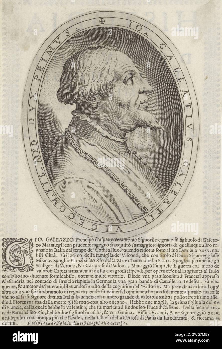 Portret Van Gian Galeazzo Visconti, Agostino Carracci, dopo Antonio da Cremona, 1642 tipografia: Italyafter design by: Cremonapublisher: MilaanItalySpain incisione carta / stampa tipografica personaggi storici Foto Stock