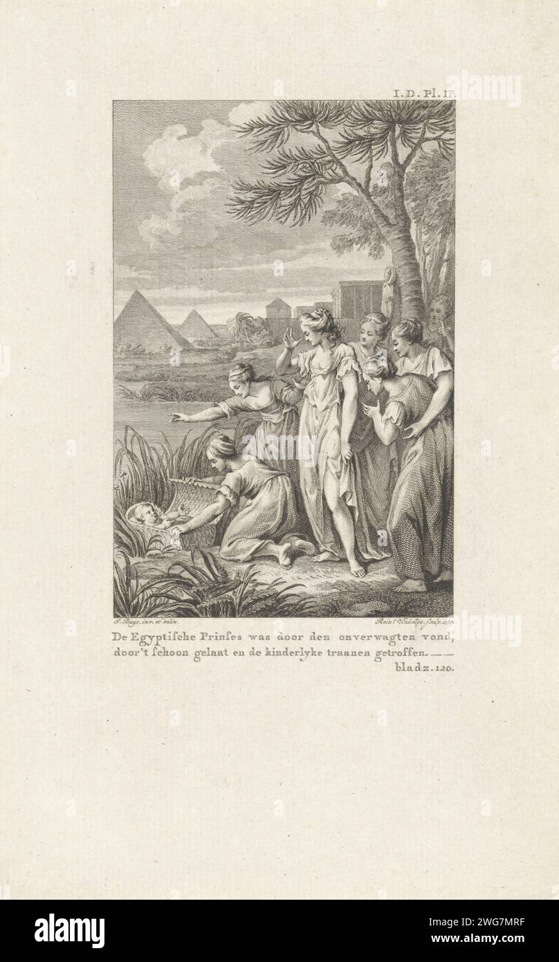 La figlia del faraone trova Mosè nel Mandje Biezen, Reinier Vinkeles (i), dopo Jacobus Buys, 1780 stampa la figlia del faraone e la sua cameriera trovano Mosè nel cesto di Biezen sulla sponda sovradimensionata del Nilo. In alto a destra: I.D.PL.II In basso a destra: Pagine.120. Incisione/incisione di carta di Amsterdam il ritrovamento di Mosè: La figlia del Faraone viene a fare il bagno con le sue fanciulle nel fiume e scopre il bambino che galleggia sull'acqua. Mosè viene tirato fuori dall'acqua dai servi egiziani Foto Stock