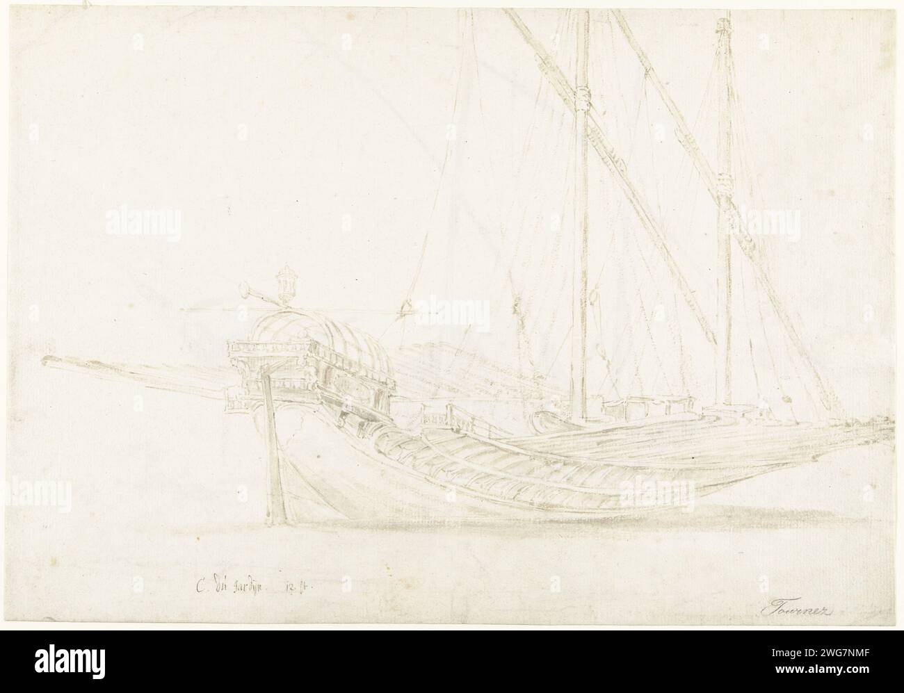 An Italian Galley, with the Stern to the left/ verso: An Italian Gallery with the Bow to the left, and several Figure sketches, Guilliam du Gardijn, after Pieter Coecke van Aelst (i), 1605 - 1647 Drawing Italy paper. penna/pennello a inchiostro Foto Stock