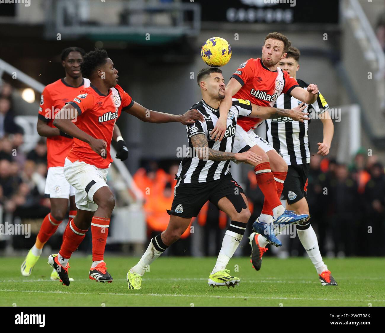 Newcastle upon Tyne, Regno Unito. 3 febbraio 2024. Bruno Guimaraes del Newcastle United in azione con Jordan Clark e Luke Berry del Luton Town durante la partita di Premier League a St.. James' Park, Newcastle upon Tyne. Il credito fotografico dovrebbe leggere: Nigel Roddis/Sportimage Credit: Sportimage Ltd/Alamy Live News Foto Stock