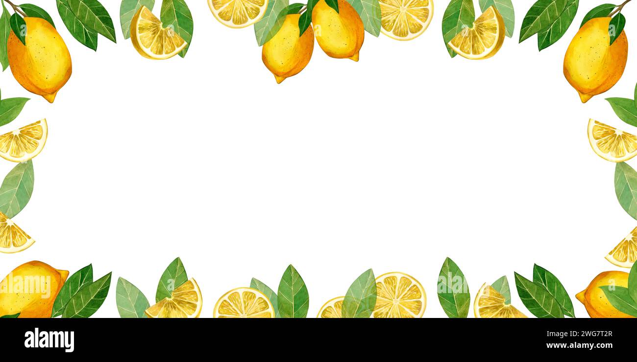Lemon. Cornice rettangolare con limoni gialli e foglie verdi, fette di limone. Tutti gli elementi sono dipinti a mano con acquerelli. Per la stampa su tessuto Foto Stock