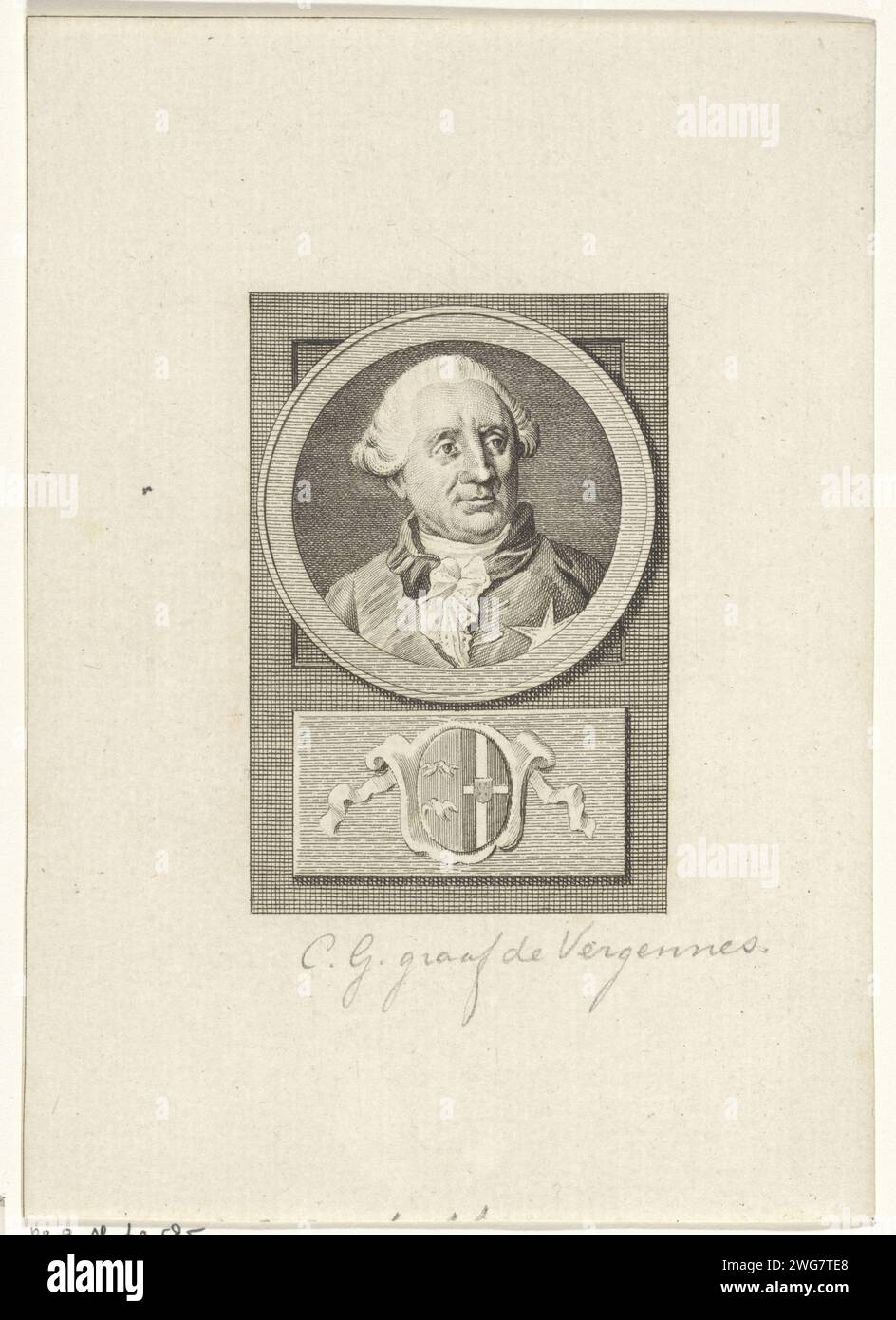 Ritratto di Charles Gravier, Conte di Versneses, Reinier Vinkeles (i), 1783 - 1795 stampa Ritratto di Charles Gravier, Conte di Vergennes, uomo di Stato francese e diplomatico. Sotto il ritratto la sua arma. Cuscinetto araldico per incisione/incisione cartaceo Amsterdam, araldica Foto Stock