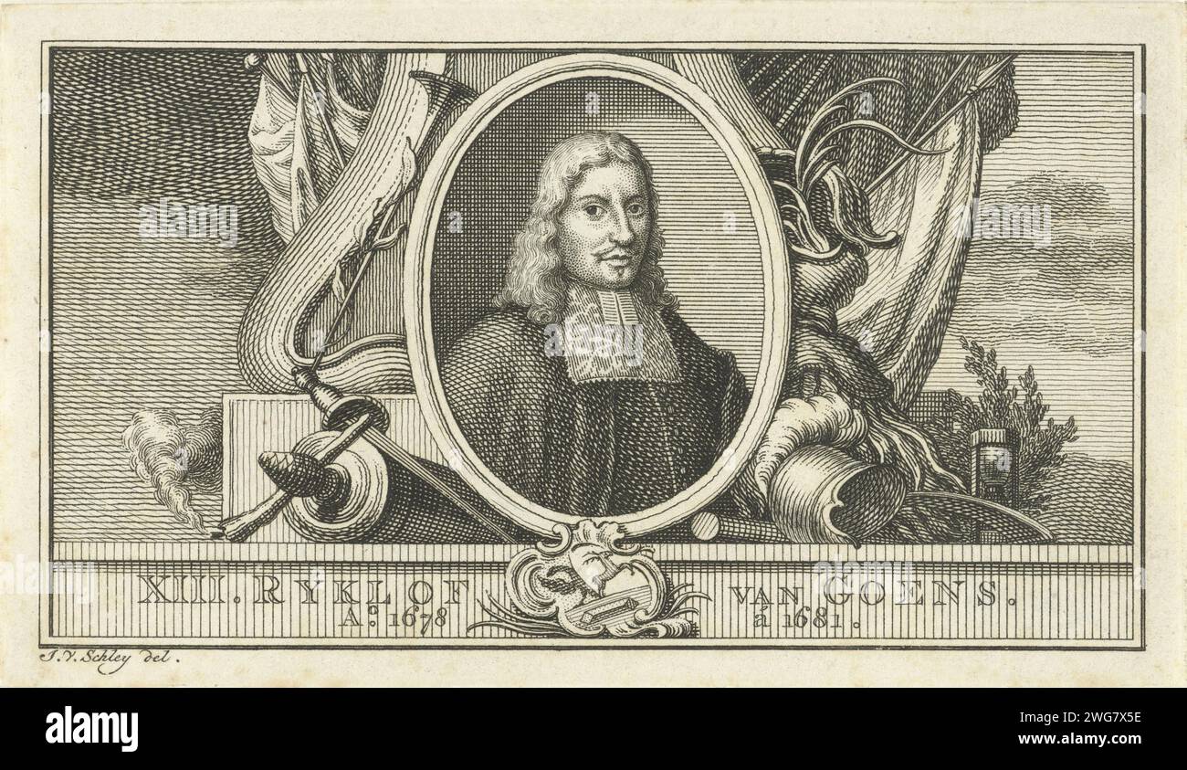 Ritratto di Rycklof van Goens, Jacob van der Schley, stampa del 1763 Ritratto di Rycklof van Goens, governatore generale delle ex Indie orientali olandesi dal 1678 al 1681. Oltre al ritratto, una torcia, un'armatura, una tromba, foglie di palma e una clessidra. Tipografia: Amsterdampublisher: La clessidra da incisione/incisione su carta dell'Aia Foto Stock