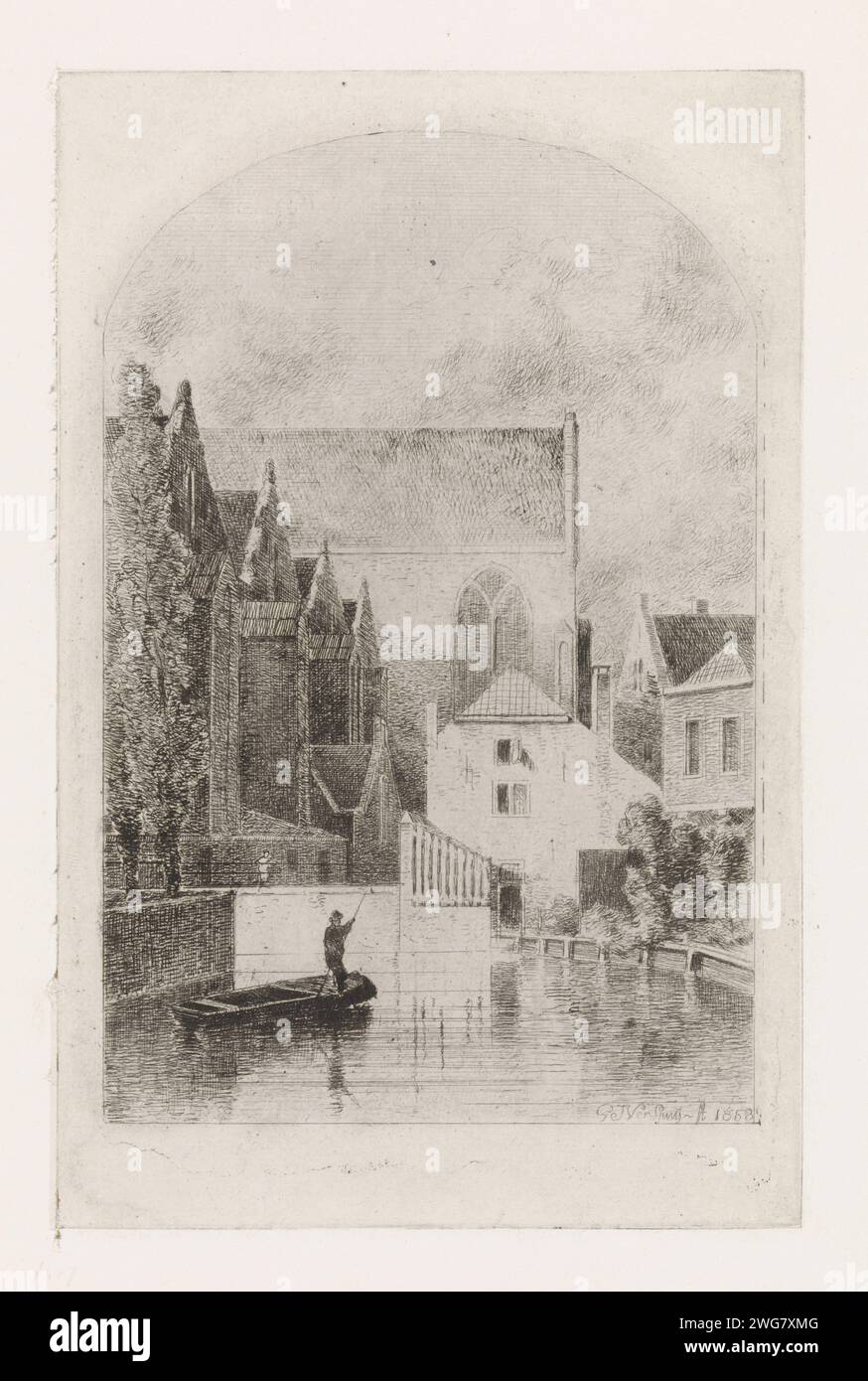Uomo su una chiatta in un canale tra Huizen, Gijsbertus Johannes Verspuy, 1858 stampa un uomo alberi una chiatta con un albero di vela in un canale tra case. Un edificio di chiesa nel mezzo. Carta dei Paesi Bassi. incisione di pali, punzonatura. canali, acque (in villaggio) Foto Stock