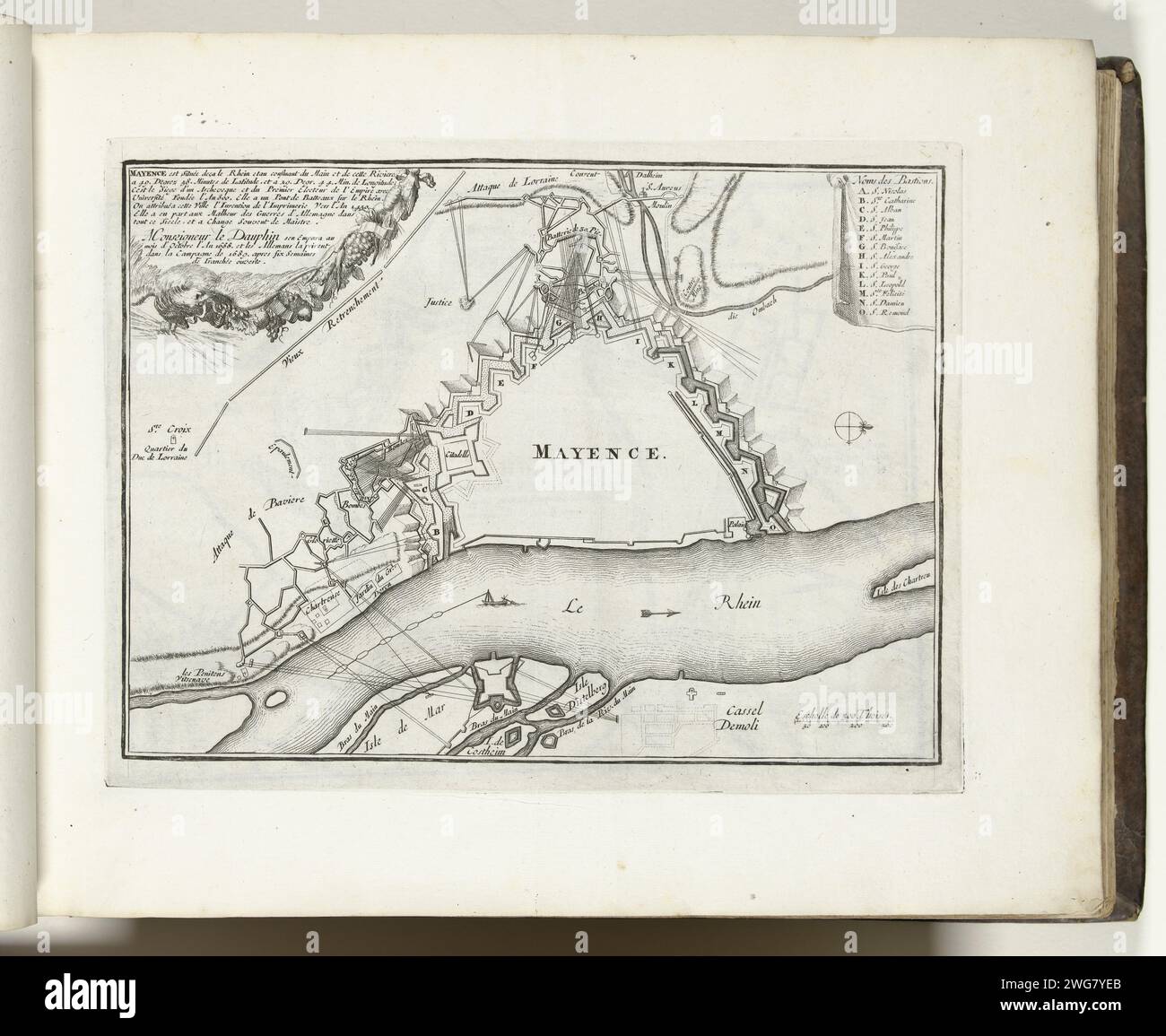 Mappa di Magonza, 1693, 1693 Stampa Mappa delle fortificazioni intorno alla città di Magonza. Parte della prima parte (1693) dell'opera stampata in cui le otto parti di Les Forces de l'Europe sono pubblicate tra il 1693 e il 1697. L'opera stampata consiste di 175 tavole con i piani (da Sébastien le Prestre, Seigneur de Vauban) di famose città e fortezze forti durante la guerra dei nove anni. Titolo e iscrizioni in francese. Tipografia: Francepublisher: Parigi cartaceo che incide le mappe delle città. Fortezza di Magonza Foto Stock