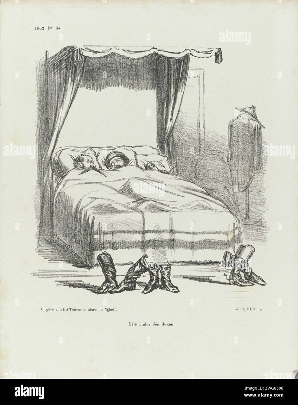 Cartoni sull'unificazione italiana, 1862, 1862 stampa Cartoon sull'unificazione italiana. Tre uomini (Vittorio Emanuele II, Garibaldi e Napoleone III) dormono tranquillamente in un letto, davanti al letto ci sono i loro stivali. Vedere anche il sequel nella piastra n.. 35. Plaat apparve al Weekblad De Nederlandsche Spectator, no 34, 23 agosto 1862. Tipografia: Netherlandsprinter: Netherlandspublisher: Arnhempublisher: The Hague paper Sleeping in bed Italy Foto Stock