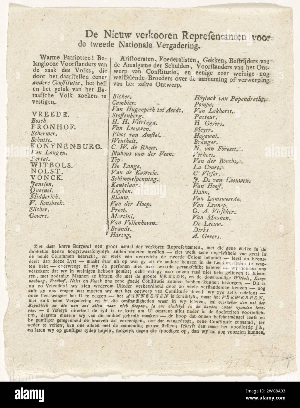 Elenco dei rappresentanti neoeletti per la seconda riunione nazionale, 1797-1798, Anonimo, 1797 - 1798 foglio di testo con un elenco dei nomi dei rappresentanti neoeletti per la seconda riunione nazionale, 1797-1798. Il secondo incontro nazionale esistette tra il 1 settembre 1797 e il 22 gennaio 1798. A sinistra un elenco di "tiepidi patrioti", a destra due colonne con i nomi di "Aristocrati, Foederalists, Gekken ...". Stampa carta da lettera nei Paesi Bassi Foto Stock