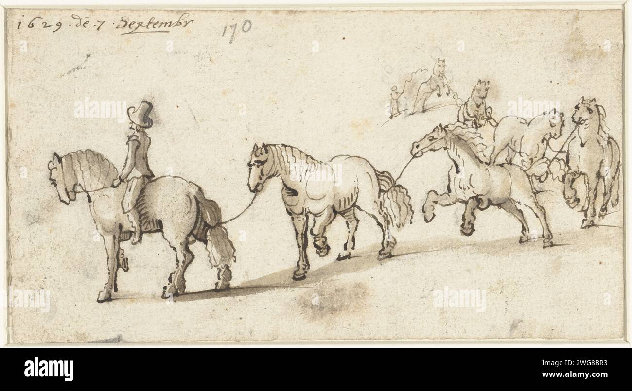 Sette cavalli di fila, 1629 cavalli che disegnano sette cavalli di fila; alcuni frammenti di matita su verso. Carta Zwolle. inchiostro. spazzola per gesso Foto Stock