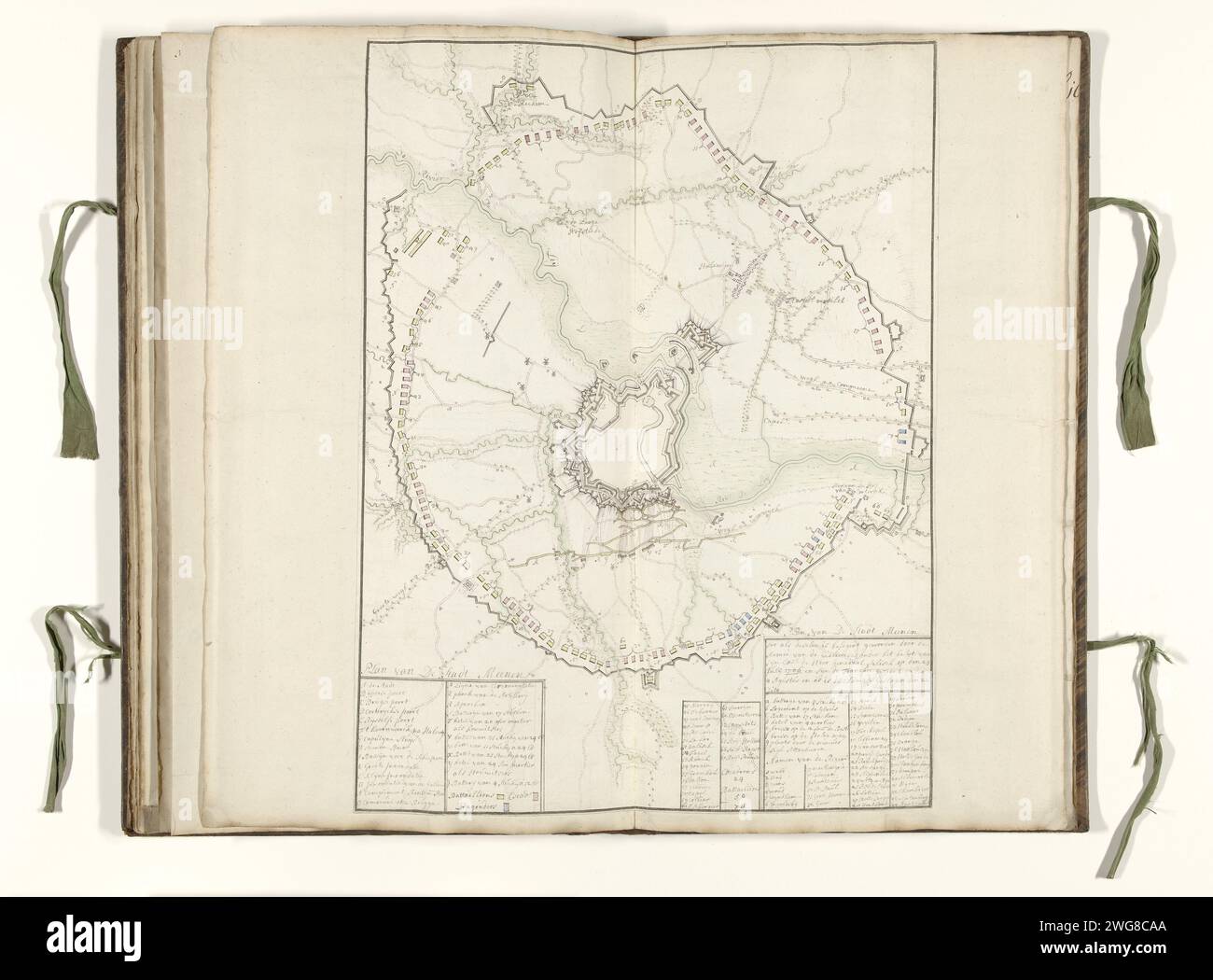 Assedio di Menen, 1706, 1706 Mappa dell'assedio della città rinforzata Menen da parte degli Alleati sotto Von Salisch, iniziato il 23 luglio, preso il 22 agosto 1706. In fondo alle leggende A-Z, A-G e 1-67 in olandese. Sulla mappa due fogli separati con una tabella del numero di morti e feriti nell'assunzione di Menen e un memoire su una foglia piegata. Parte di una collezione di piani firmati di luoghi rinforzati nei Paesi Bassi e nei paesi circostanti al tempo della guerra di successione spagnola (parte C). Mappe cartacee delle città dei Paesi Bassi. Assedio, posizione guerra io andrò Foto Stock