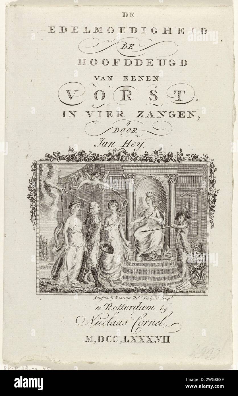 Frontespizio di: La generosità il principale disaccordo di un principe. In quattro sangs, di Jan Heij, 1787, 1787 stampa pagina del titolo con rappresentazione allegorica sul recupero dello Stadholder Willem V nel 1787. Su un trono, la Vergine olandese (generosità), con corona e scettro, è il Leone olandese ai suoi piedi. Per lei, lo stadholder appare accompagnato da Prudentia (attenzione) de Minerva (saggezza). Sopra le loro teste un cherubino con ramo di palma e corona e la mano di Dio con la spada fiammante. A destra la violenza più secca (Patriot) con le pistole, con un campione ai suoi piedi. Doppia lamina piegata con dichiarati Foto Stock