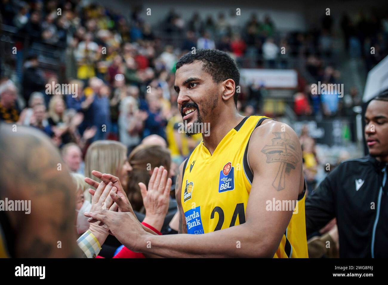 Ludwigsburg, Deutschland. 3 febbraio 2024. Michael Anthony Hughes II (MHP Riesen Ludwigsburg, n. 24) - neu im Team MHP Riesen Ludwigsburg - BG Goettingen, Sport, Basket, 1. Pallacanestro Bundesliga, BBL, Saison 2023/24, 19. Spieltag, 03.02.2024, Ludwigsburg (MHPArena), DEU foto: Eibner/Sandy Dinkelacker Credit: dpa/Alamy Live News Foto Stock